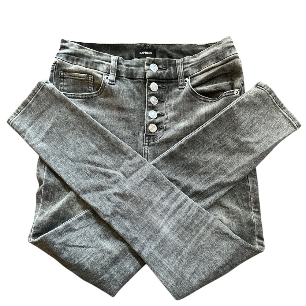 EXPRESS Mid Rise Medium Wash FlexX Gray Button Fly Skinny Jeans - Small long
